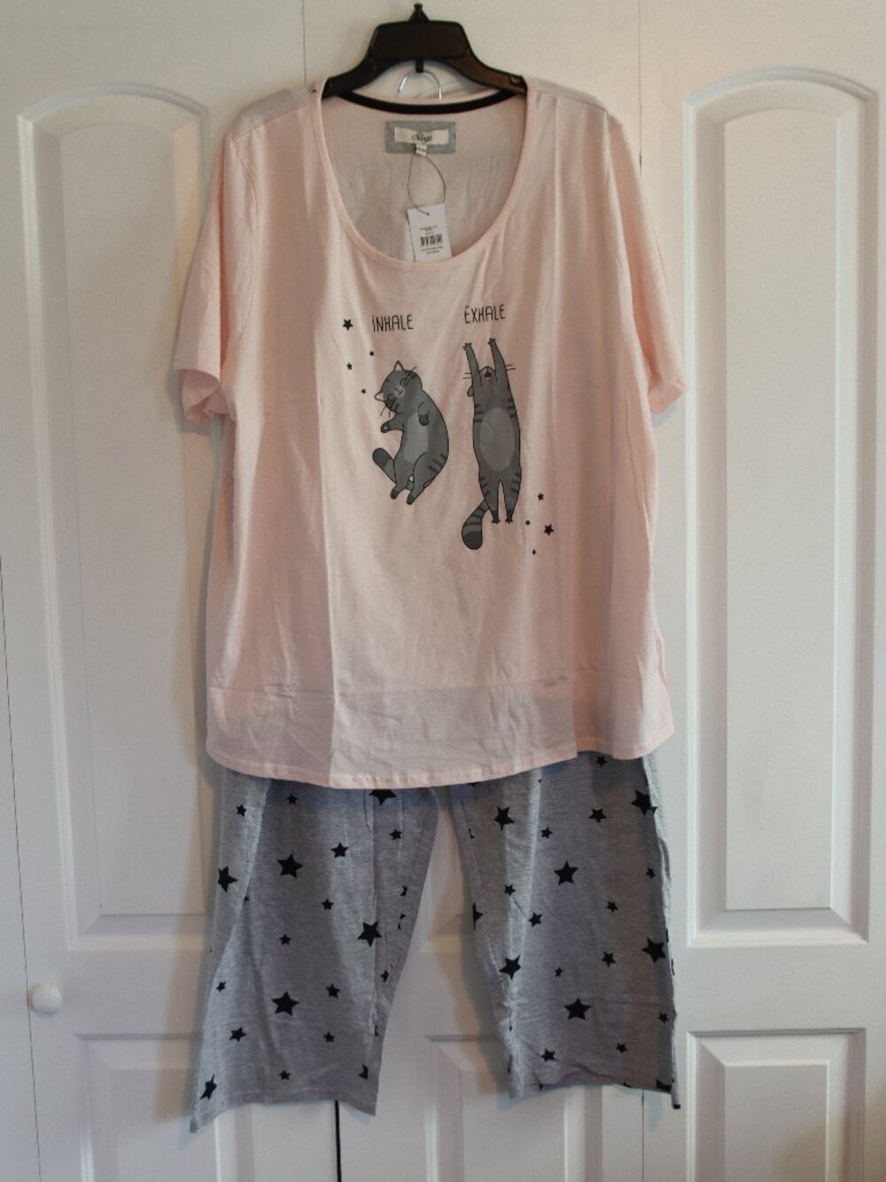 Sleep Plus Pajama Set Size 26/28 Short Sleeve Top Elastic Waist Pant Cats/Stars